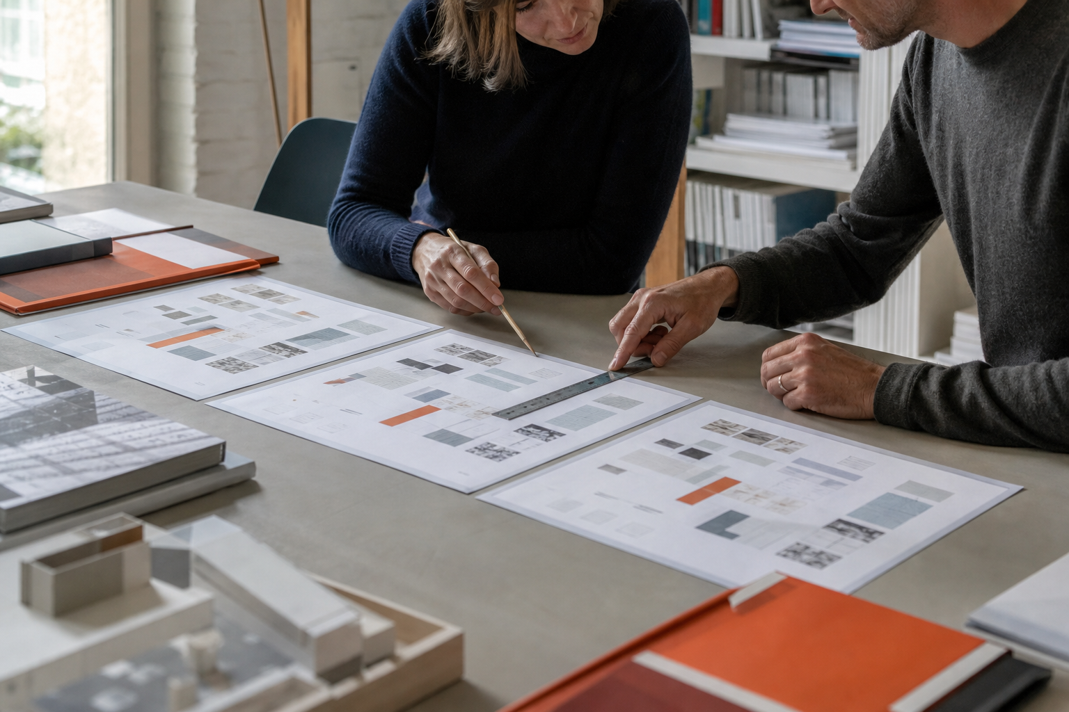 Twee collega’s vergelijken een prijsvoorstel en calculator aan een lichte werktafel