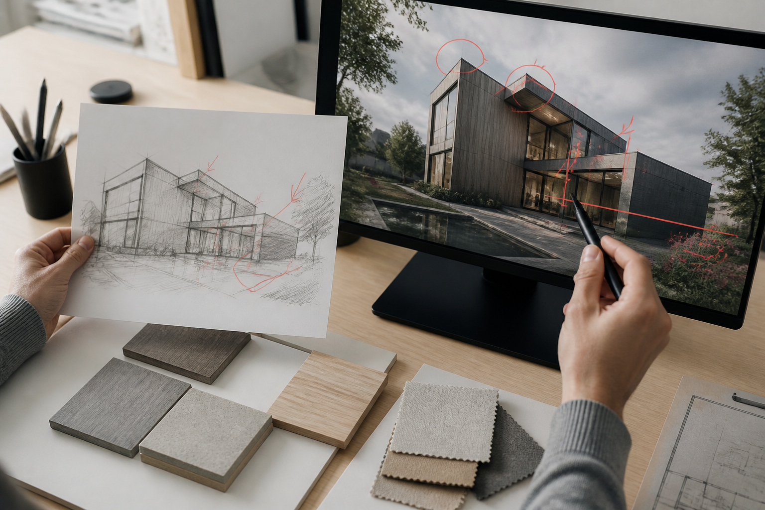 Artist impression van schets tot eindbeeld Ontwerper vergelijkt een eerste schets met een uitgewerkte artist impression