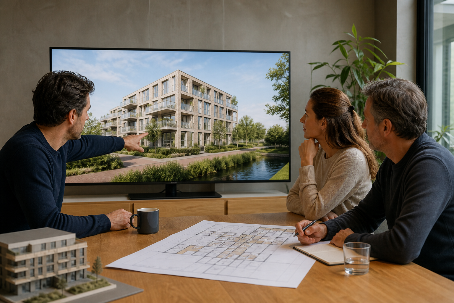 3D-visualisatie voor een vastgoedbeslissing Vastgoedteam beoordeelt een 3D-visualisatie tijdens een projectoverleg